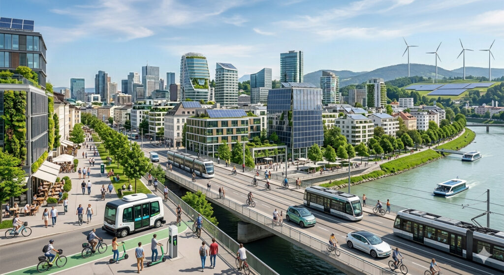 Moderne Stadt mit öffentlichem Verkehr, Individualverkehr, Radfahrenden und Fußgängern (Illustration)